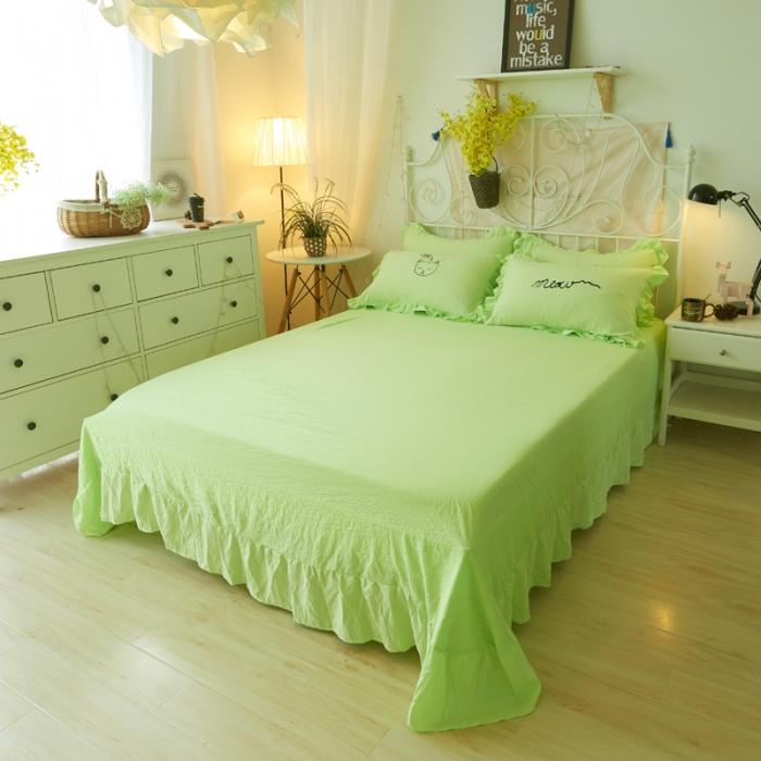 91家纺网 家纺一手货源 找家纺 简爱家纺 2025新款水洗棉绣花四件套床单款 萌猫绿色