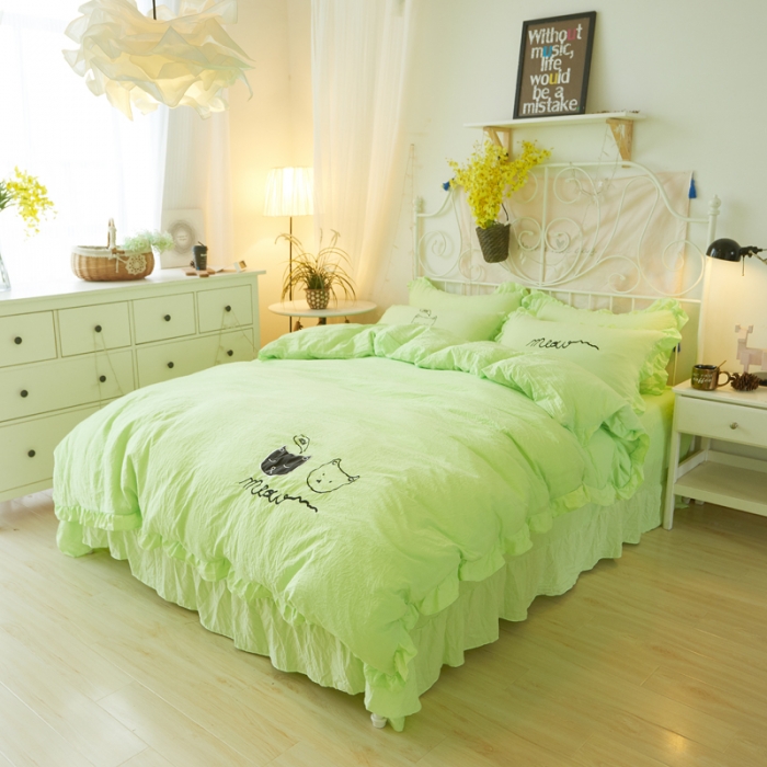 91家纺网 家纺一手货源 找家纺 简爱家纺 2025新款水洗棉绣花四件套床单款 萌猫绿色