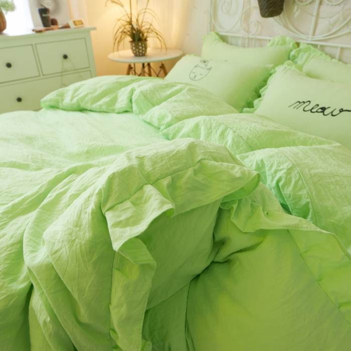 91家纺网 家纺一手货源 找家纺 简爱家纺 2025新款水洗棉绣花四件套床单款 萌猫绿色