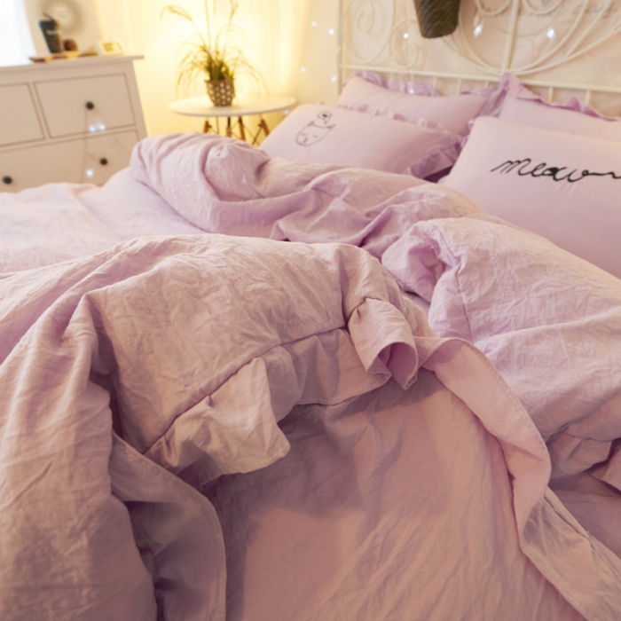 91家纺网 家纺一手货源 找家纺 简爱家纺 2025新款水洗棉绣花四件套床单款 萌猫浅紫