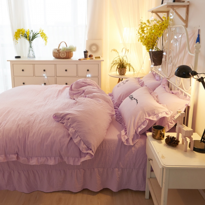 91家纺网 家纺一手货源 找家纺 简爱家纺 2025新款水洗棉绣花四件套床单款 萌猫浅紫