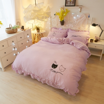 简爱家纺 2025新款水洗棉绣花四件套床单款 萌猫浅紫
