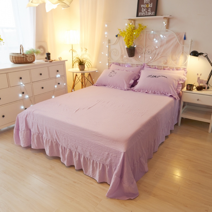 91家纺网 家纺一手货源 找家纺 简爱家纺 2025新款水洗棉绣花四件套床单款 萌猫浅紫