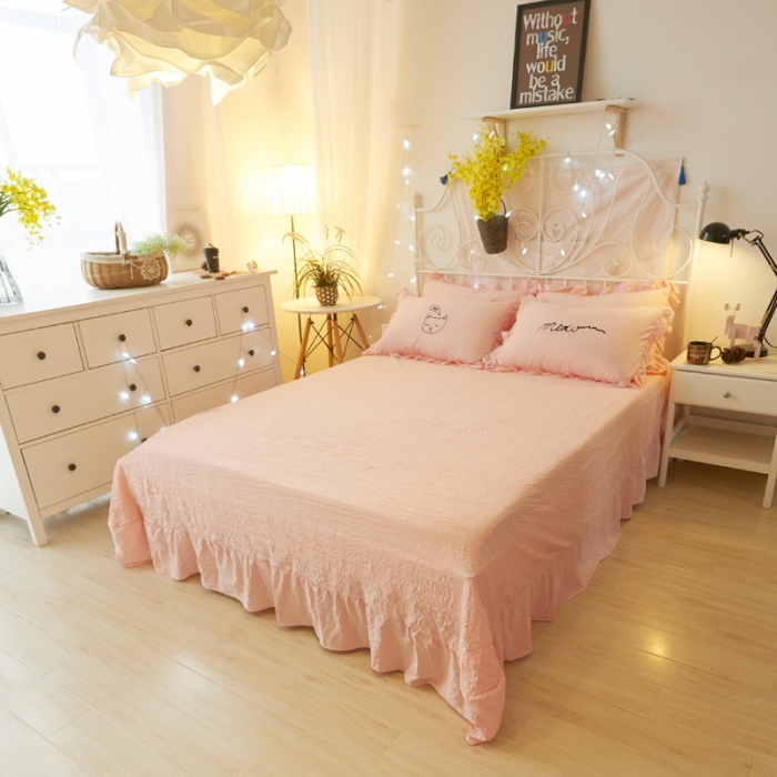 91家纺网 家纺一手货源 找家纺 简爱家纺 2025新款水洗棉绣花四件套床单款 萌猫玉色