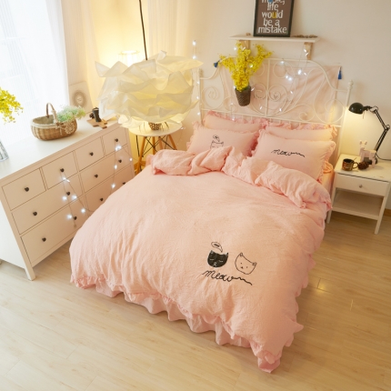 简爱家纺 2025新款水洗棉绣花四件套床单款 萌猫玉色