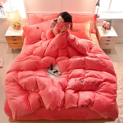 简爱 2020新款双面法莱绒刺绣四件套 绒miss-夕阳红