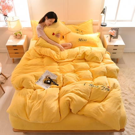 91家纺网 家纺一手货源 找家纺 简爱 2020新款双面法莱绒刺绣四件套 绒miss-鹅黄