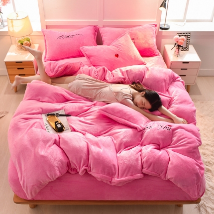 简爱 2020新款双面法莱绒刺绣四件套 绒miss-粉红