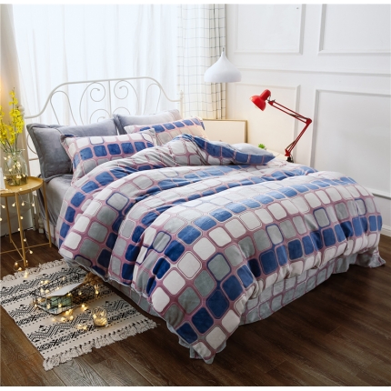 91家纺网 家纺一手货源 找家纺 青竹苑 2018-7D雕花水晶绒四件套 青春如歌-蓝