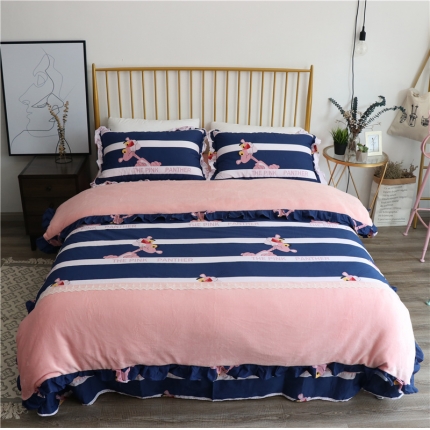 91家纺网 家纺一手货源 找家纺 青竹苑 2018韩版棉加绒全棉法莱绒四件套 淘气乐虎-蓝