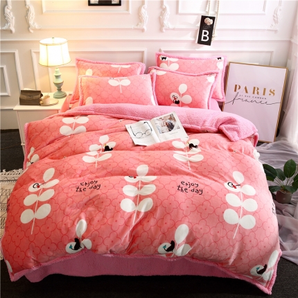 91家纺网 家纺一手货源 找家纺 青竹苑 2018多功能水晶绒羊羔绒双拼床单四件套 叶之语