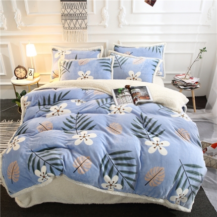 91家纺网 家纺一手货源 找家纺 青竹苑 2018多功能水晶绒羊羔绒双拼床单四件套 绿色植物