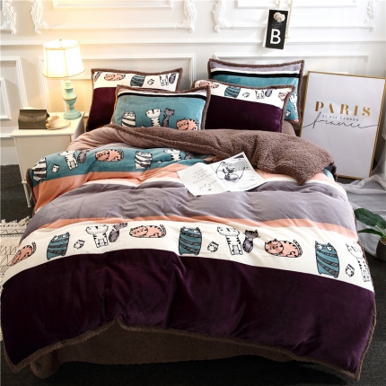 91家纺网 家纺一手货源 找家纺 青竹苑 2018多功能水晶绒羊羔绒双拼床单四件套 卡通世界