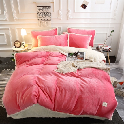 91家纺网 家纺一手货源 找家纺 青竹苑 2018多功能水晶绒羊羔绒双拼床单四件套 激情红