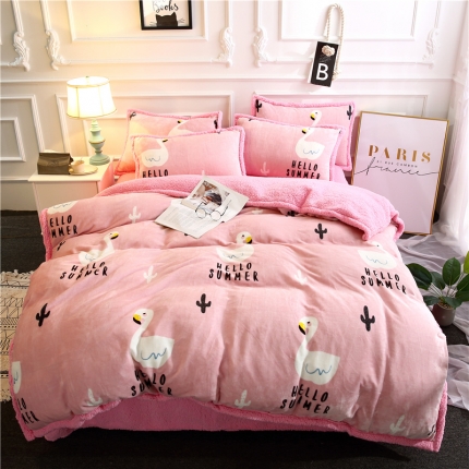 91家纺网 家纺一手货源 找家纺 青竹苑 2018多功能水晶绒羊羔绒双拼床单四件套 小天鹅