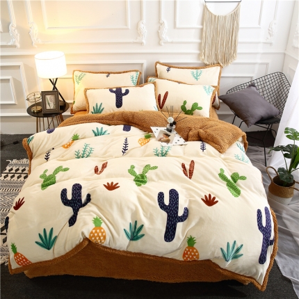 91家纺网 家纺一手货源 找家纺 青竹苑 2018多功能水晶绒羊羔绒双拼床单四件套 勿忘我