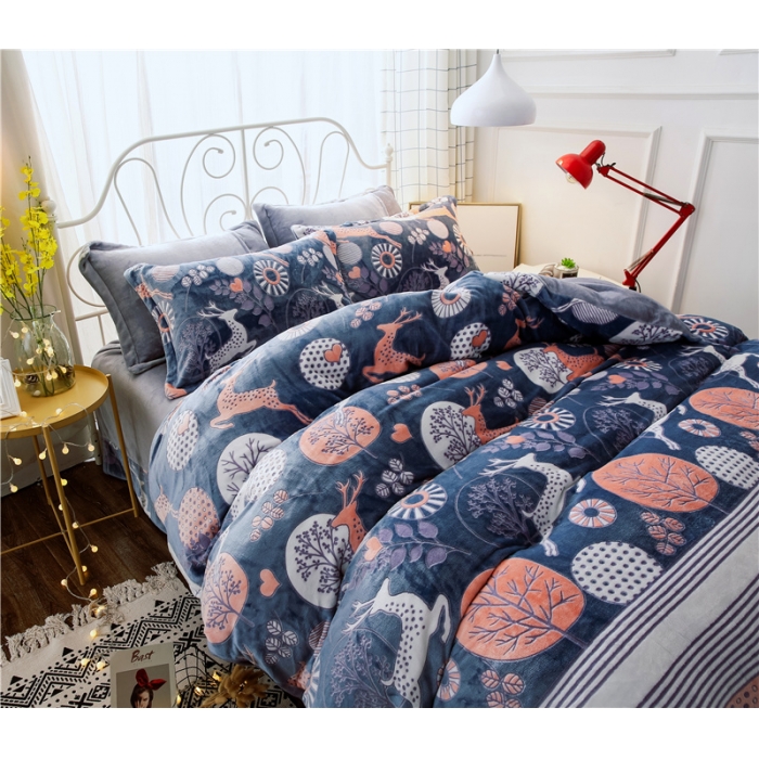 91家纺网 家纺一手货源 找家纺 青竹苑 2018-7D雕花水晶绒四件套 快乐森林-灰