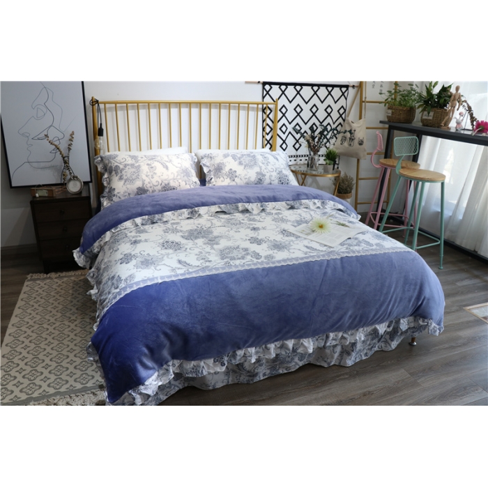 91家纺网 家纺一手货源 找家纺 青竹苑 2018韩版棉加绒全棉法莱绒四件套 洛卡-蓝