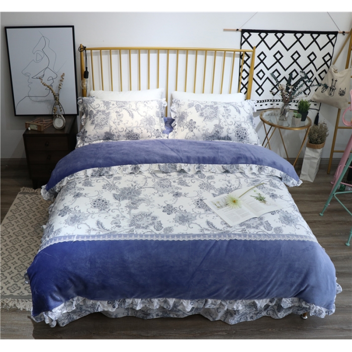 91家纺网 家纺一手货源 找家纺 青竹苑 2018韩版棉加绒全棉法莱绒四件套 洛卡-蓝