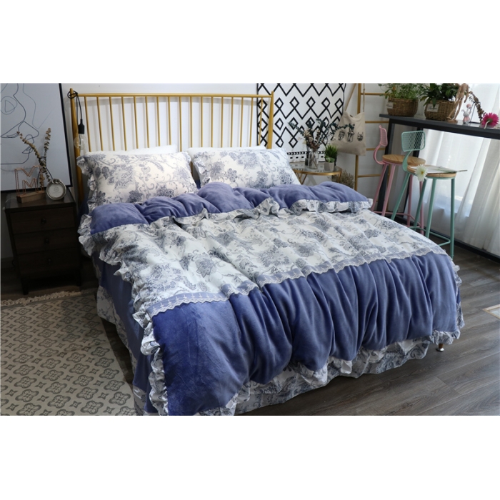 91家纺网 家纺一手货源 找家纺 青竹苑 2018韩版棉加绒全棉法莱绒四件套 洛卡-蓝