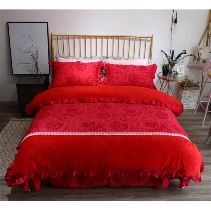 91家纺网 家纺一手货源 找家纺 青竹苑 2018韩版棉加绒全棉法莱绒四件套 玫瑰柔情