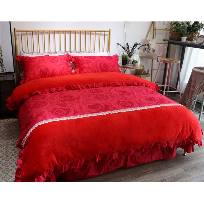 91家纺网 家纺一手货源 找家纺 青竹苑 2018韩版棉加绒全棉法莱绒四件套 玫瑰柔情