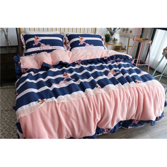 91家纺网 家纺一手货源 找家纺 青竹苑 2018韩版棉加绒全棉法莱绒四件套 淘气乐虎-蓝