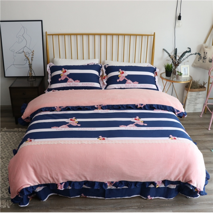 91家纺网 家纺一手货源 找家纺 青竹苑 2018韩版棉加绒全棉法莱绒四件套 淘气乐虎-蓝