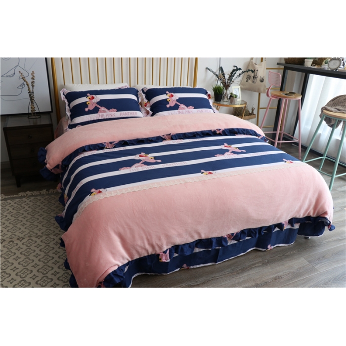 91家纺网 家纺一手货源 找家纺 青竹苑 2018韩版棉加绒全棉法莱绒四件套 淘气乐虎-蓝