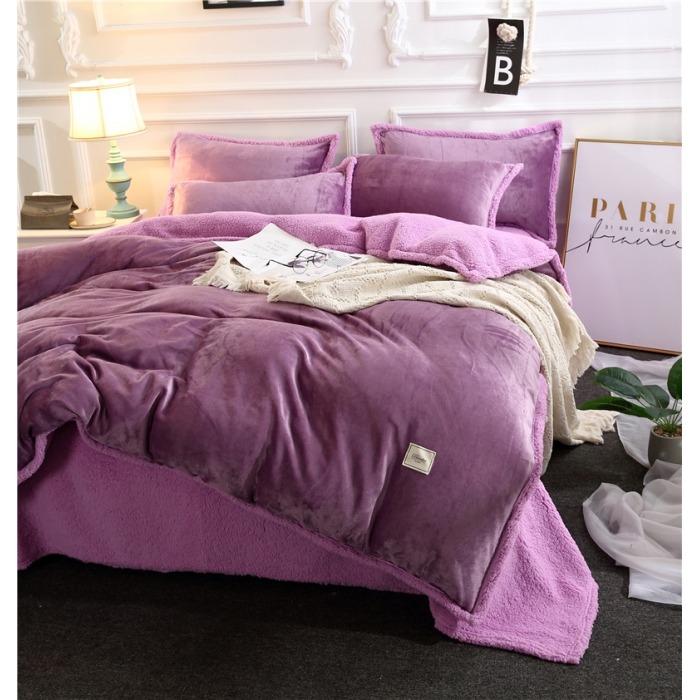 91家纺网 家纺一手货源 找家纺 青竹苑 2018多功能水晶绒羊羔绒双拼床单四件套 高贵紫