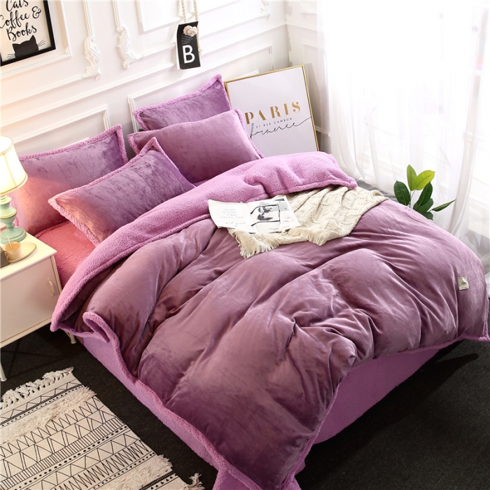 91家纺网 家纺一手货源 找家纺 青竹苑 2018多功能水晶绒羊羔绒双拼床单四件套 高贵紫