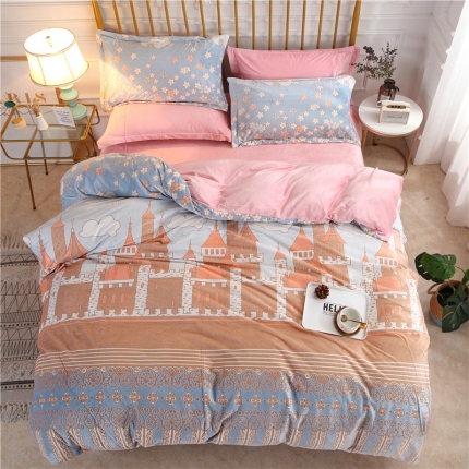 91家纺网 家纺一手货源 找家纺 青竹苑 2019保暖套件6D雕花绒四件套 城堡-蓝