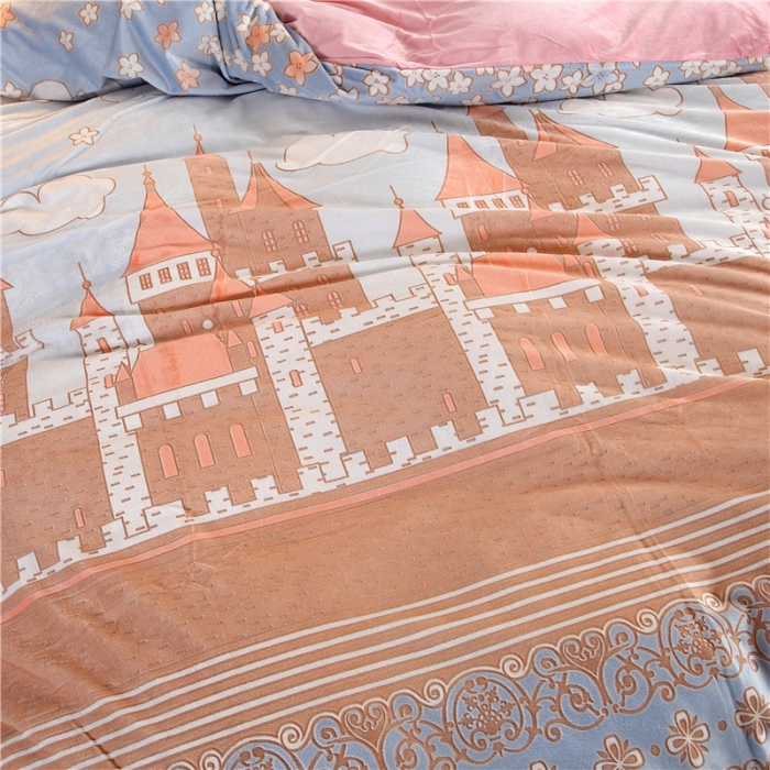 91家纺网 家纺一手货源 找家纺 青竹苑 2019保暖套件6D雕花绒四件套 城堡-蓝