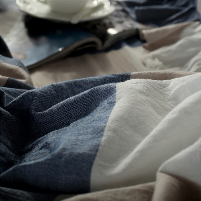 91家纺网 家纺一手货源 找家纺 福丽莱 全棉色织水洗棉四件套1.8m床（床裙款）蓝大格