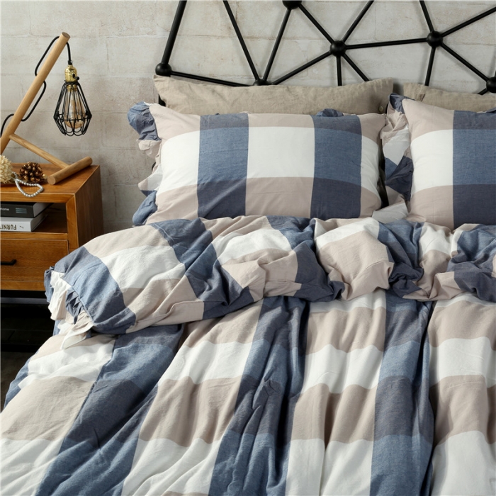 91家纺网 家纺一手货源 找家纺 福丽莱 全棉色织水洗棉四件套1.8m床（床裙款）蓝大格