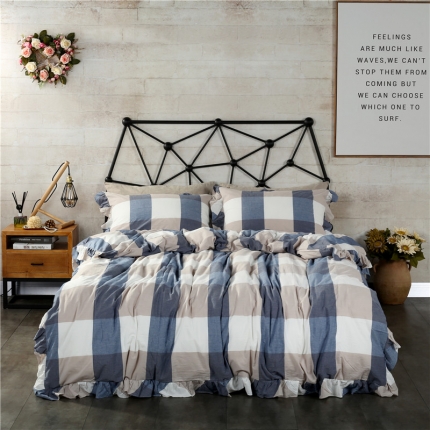 福丽莱家纺 全棉色织水洗棉四件套1.8m床（床裙款）蓝大格