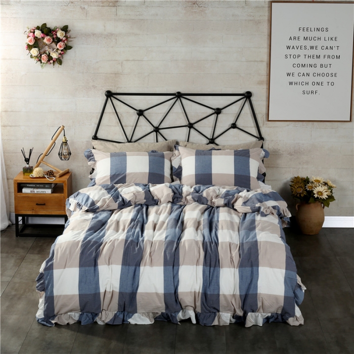 91家纺网 家纺一手货源 找家纺 福丽莱 全棉色织水洗棉四件套1.8m床（床裙款）蓝大格