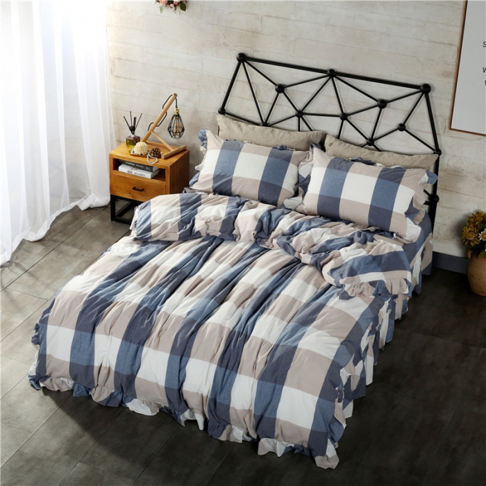 91家纺网 家纺一手货源 找家纺 福丽莱 全棉色织水洗棉四件套1.8m床（床裙款）蓝大格