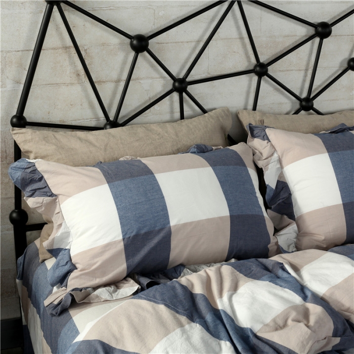 91家纺网 家纺一手货源 找家纺 福丽莱 全棉色织水洗棉四件套1.8m床（床裙款）蓝大格