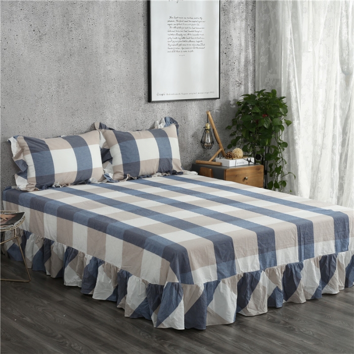 91家纺网 家纺一手货源 找家纺 福丽莱 全棉色织水洗棉四件套1.8m床（床裙款）蓝大格