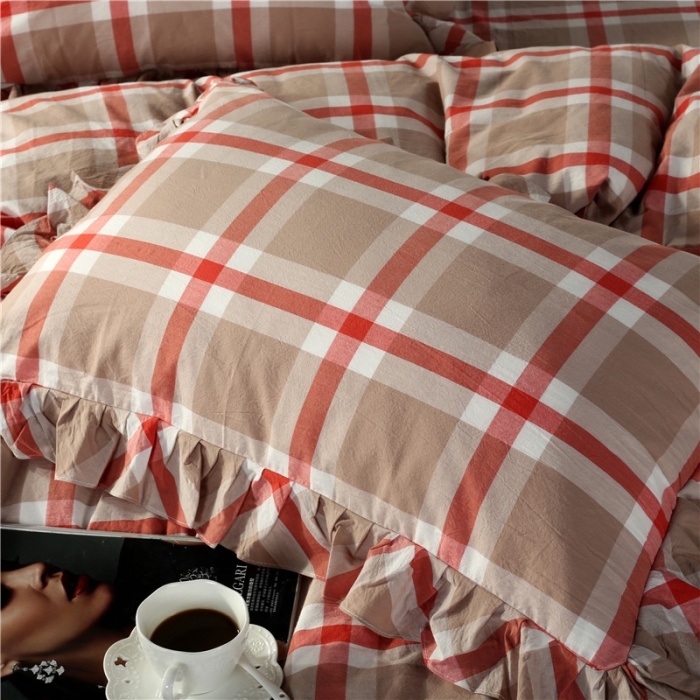 91家纺网 家纺一手货源 找家纺 福丽莱 全棉色织水洗棉四件套1.8m床（床裙款）丽维斯-红