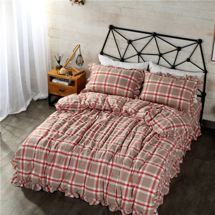 91家纺网 家纺一手货源 找家纺 福丽莱 全棉色织水洗棉四件套1.8m床（床裙款）丽维斯-红