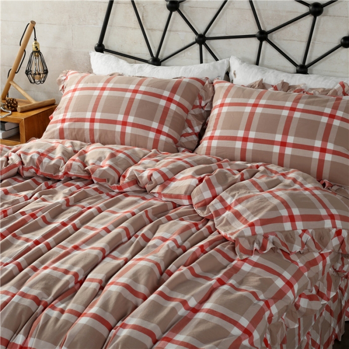 91家纺网 家纺一手货源 找家纺 福丽莱 全棉色织水洗棉四件套1.8m床（床裙款）丽维斯-红