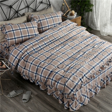 福丽莱 全棉色织水洗棉四件套1.8m床（床裙款）丽维斯-蓝