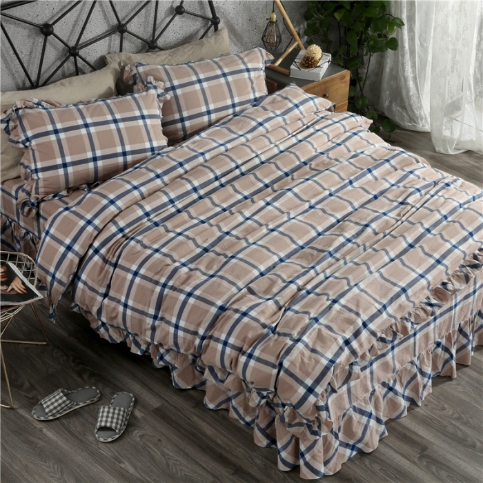 91家纺网 家纺一手货源 找家纺 福丽莱 全棉色织水洗棉四件套1.8m床（床裙款）丽维斯-蓝