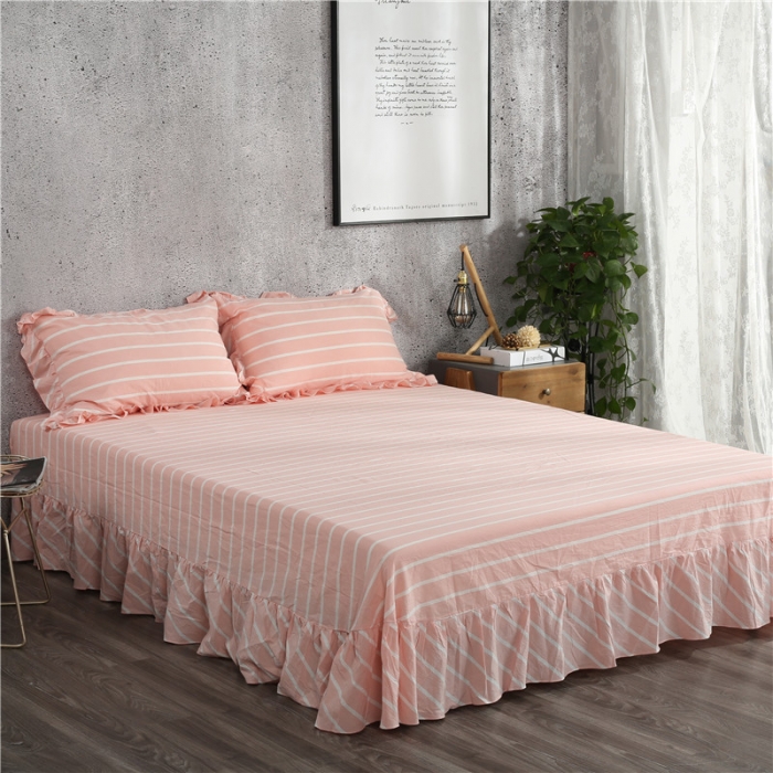 91家纺网 家纺一手货源 找家纺 福丽莱 全棉色织水洗棉四件套1.8m床（床裙款）莫妮卡-粉