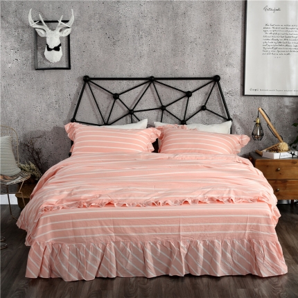 福丽莱 全棉色织水洗棉四件套1.8m床（床裙款）莫妮卡-粉
