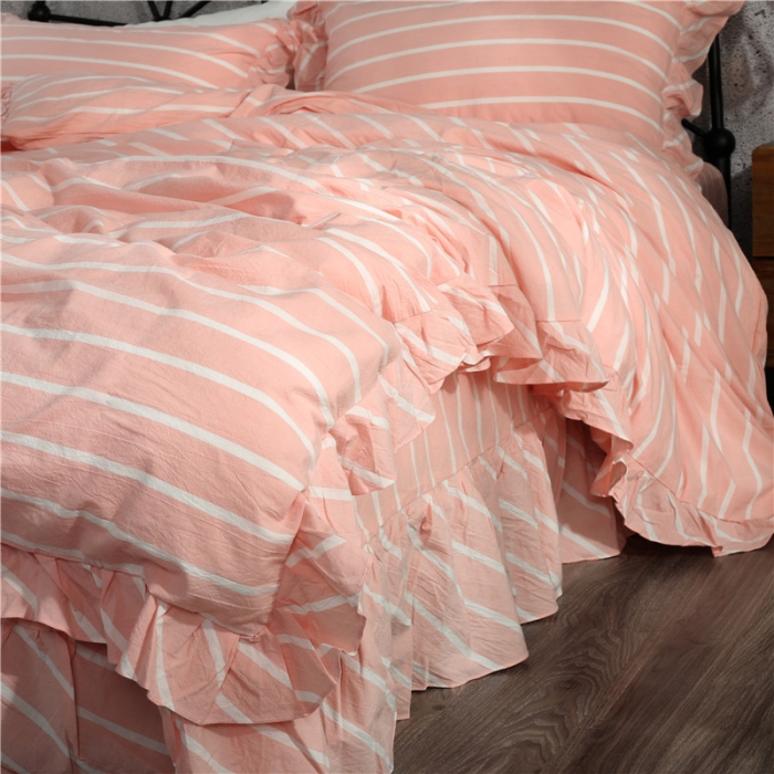 91家纺网 家纺一手货源 找家纺 福丽莱 全棉色织水洗棉四件套1.8m床（床裙款）莫妮卡-粉