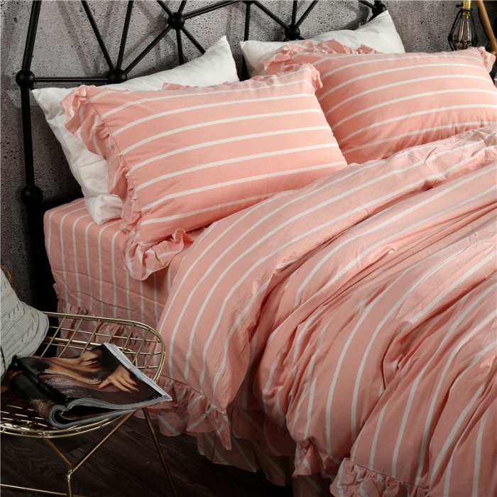 91家纺网 家纺一手货源 找家纺 福丽莱 全棉色织水洗棉四件套1.8m床（床裙款）莫妮卡-粉