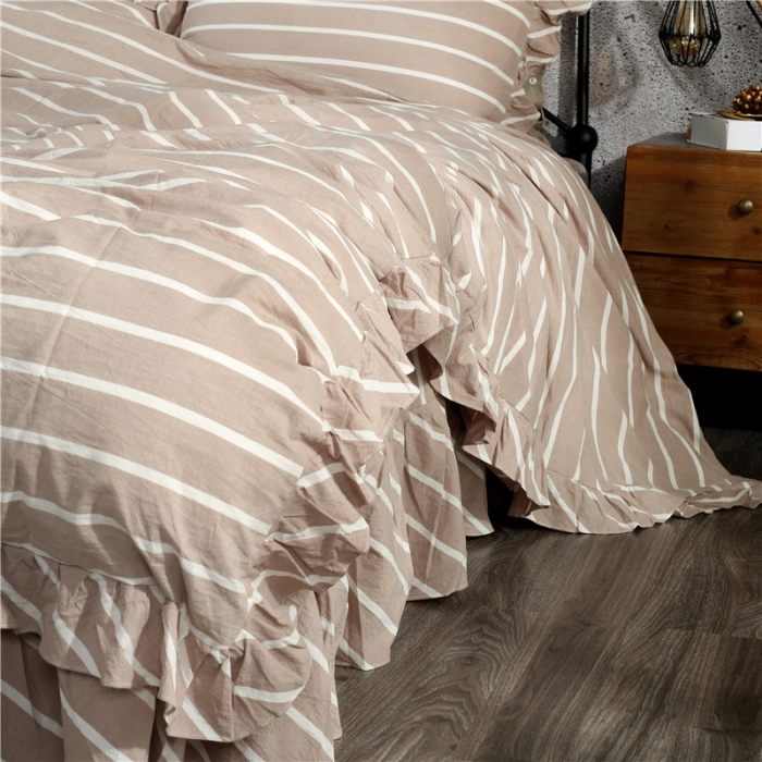 91家纺网 家纺一手货源 找家纺 福丽莱  全棉色织水洗棉四件套1.8m床（床裙款）莫妮卡-咖